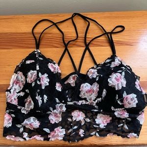 PINK Longline Bralette with Strappy Back, Rose Pattern Lace